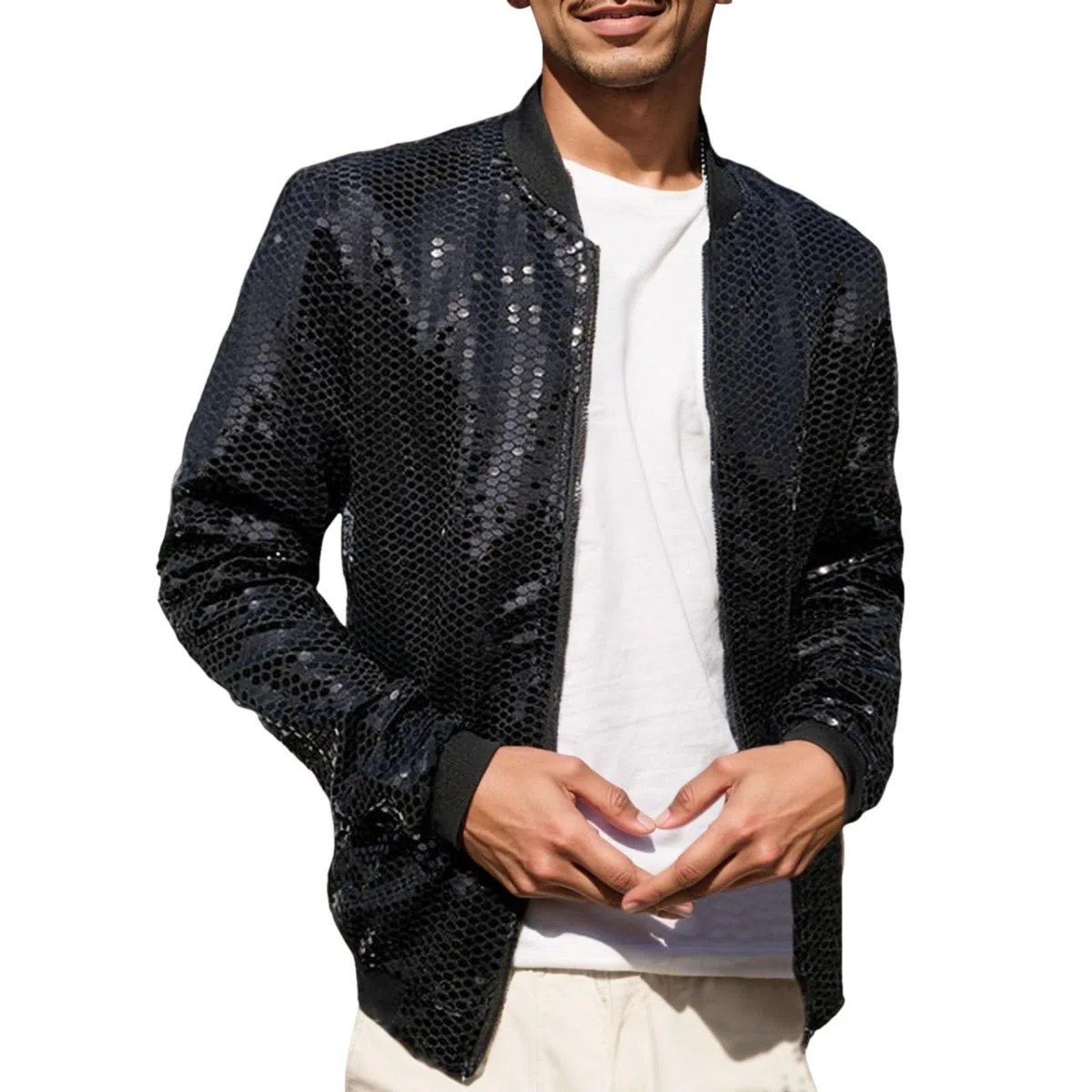 Bomber da uomo con paillettes – Giacca sottile glitterata con colletto alto e chiusura lampo | Elegante vestito da festa per occasioni speciali o eventi