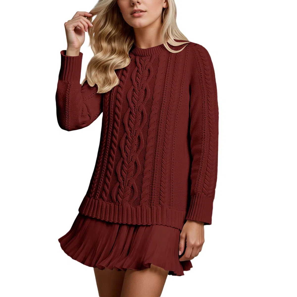 Generisch Set di abiti da donna in maglia con motivo a treccia e gonna plissettata, in due pezzi, look a strati, elegante set per autunno e inverno