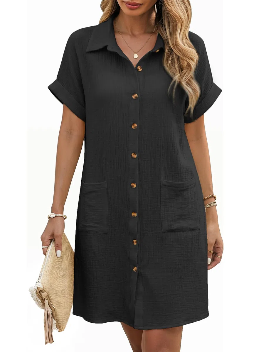 Abito Estivo Donna Vestiti Camicia con Bottoni Vestito Scollo a V Maniche Corte Casual Elegante Abiti Comodo Cotton Larghi Copricostume Spiaggia Mare con Tasche