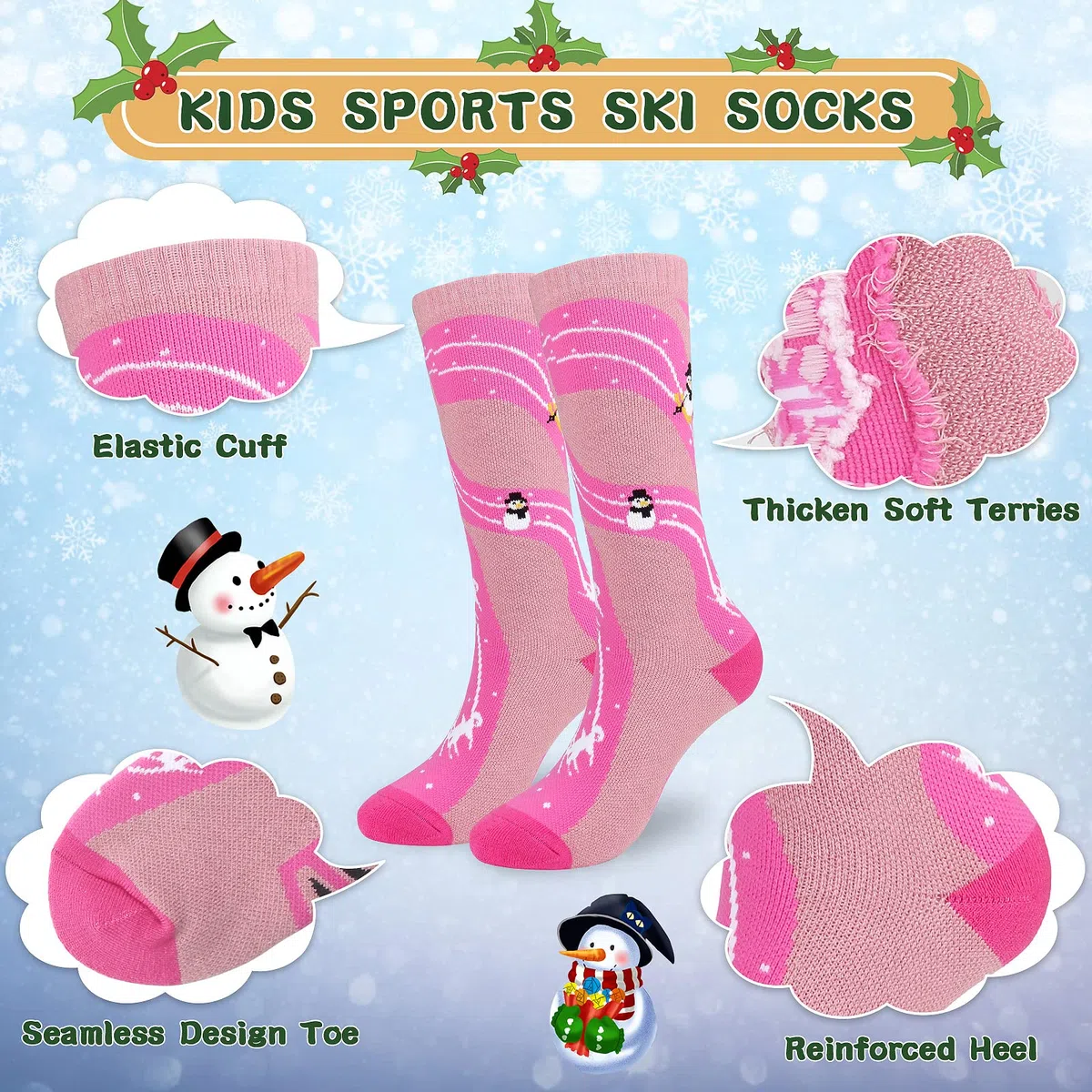 KOOOGEAR 2 paia di calzini da sci per bambini, taglia 38-3, calzini da sci divertenti alti al ginocchio per bambini termici caldi novità per pattinaggio sci snowboard