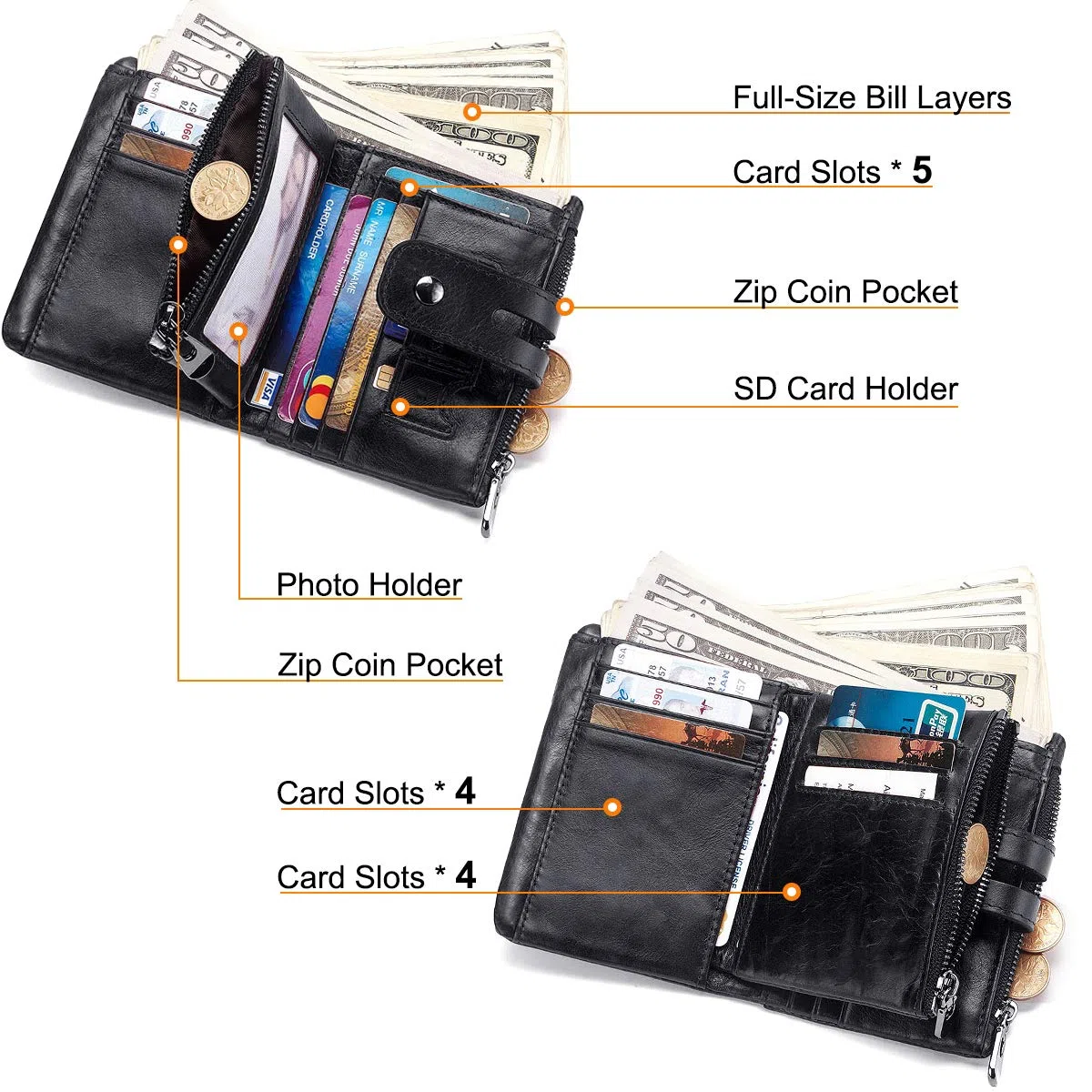 REETEE Portafoglio Uomo Blocco RFID Vera Pelle con Catena, Cerniera Portamonete 16 Porta Carte di Credito Bifold Verticale (nero)