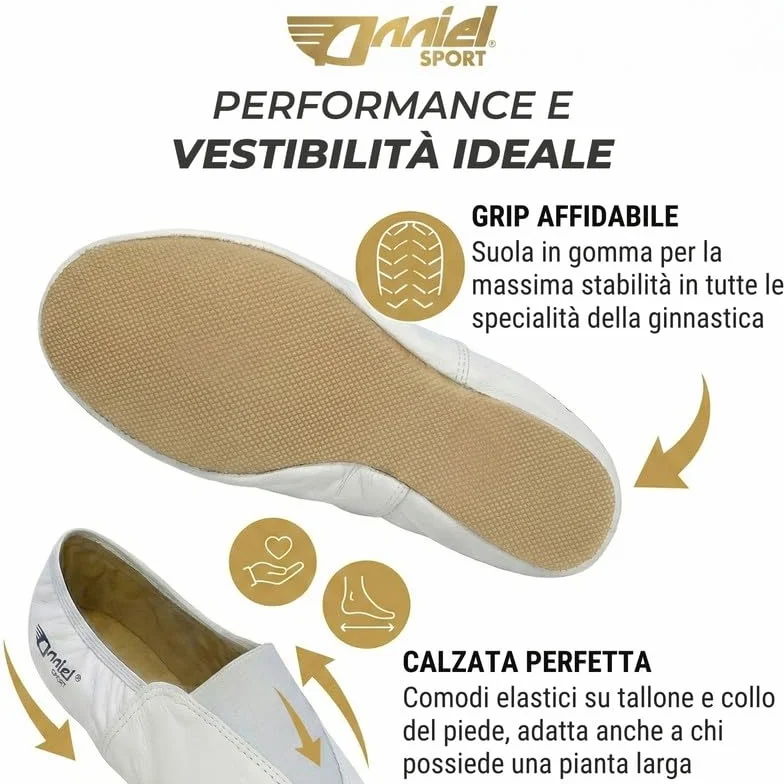 Anniel 2024 - Scarpe Ginnastica Artistica in Pelle con Suola in Gomma 100% Made in Italy (42, Bianco)