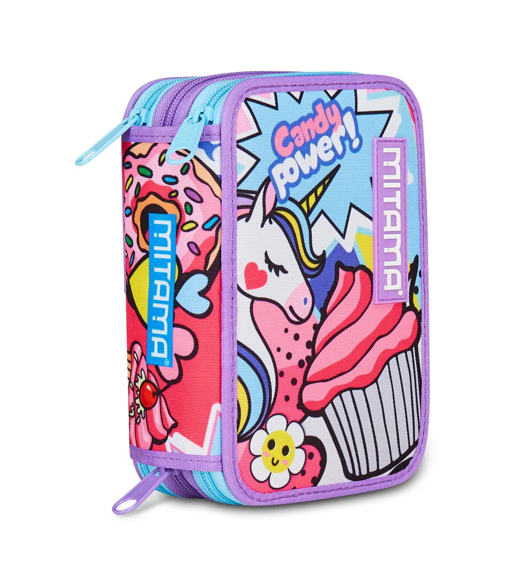 Mitama Astuccio Scuola 3 Scomparti, TRIPLO DAISYPOP, Contenuto 47 pz, Completo di Matite, Pennarelli, Portapenne Scuola Elementare Bambina