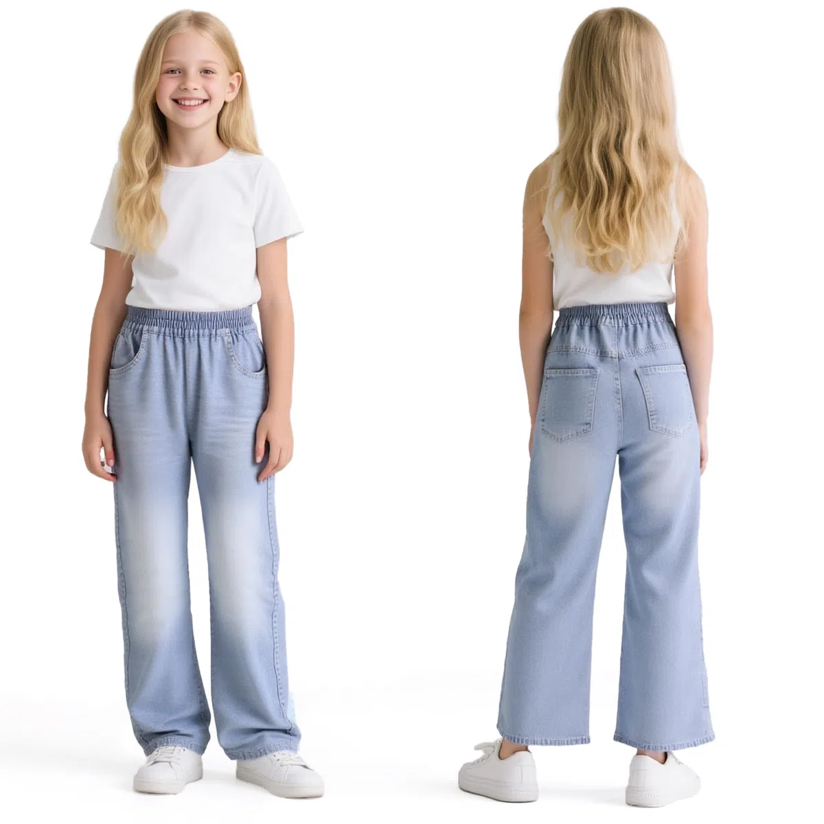 Jeans Ragazze, Baggy Loose Fit Morbidi Pantaloni con Elasticizzati Vita Lunghi Denimjeans Bambina Casual Gamba Larga Blu Denim Pants Versatile Moda Streetwear per Ragazza 6-14 Anni