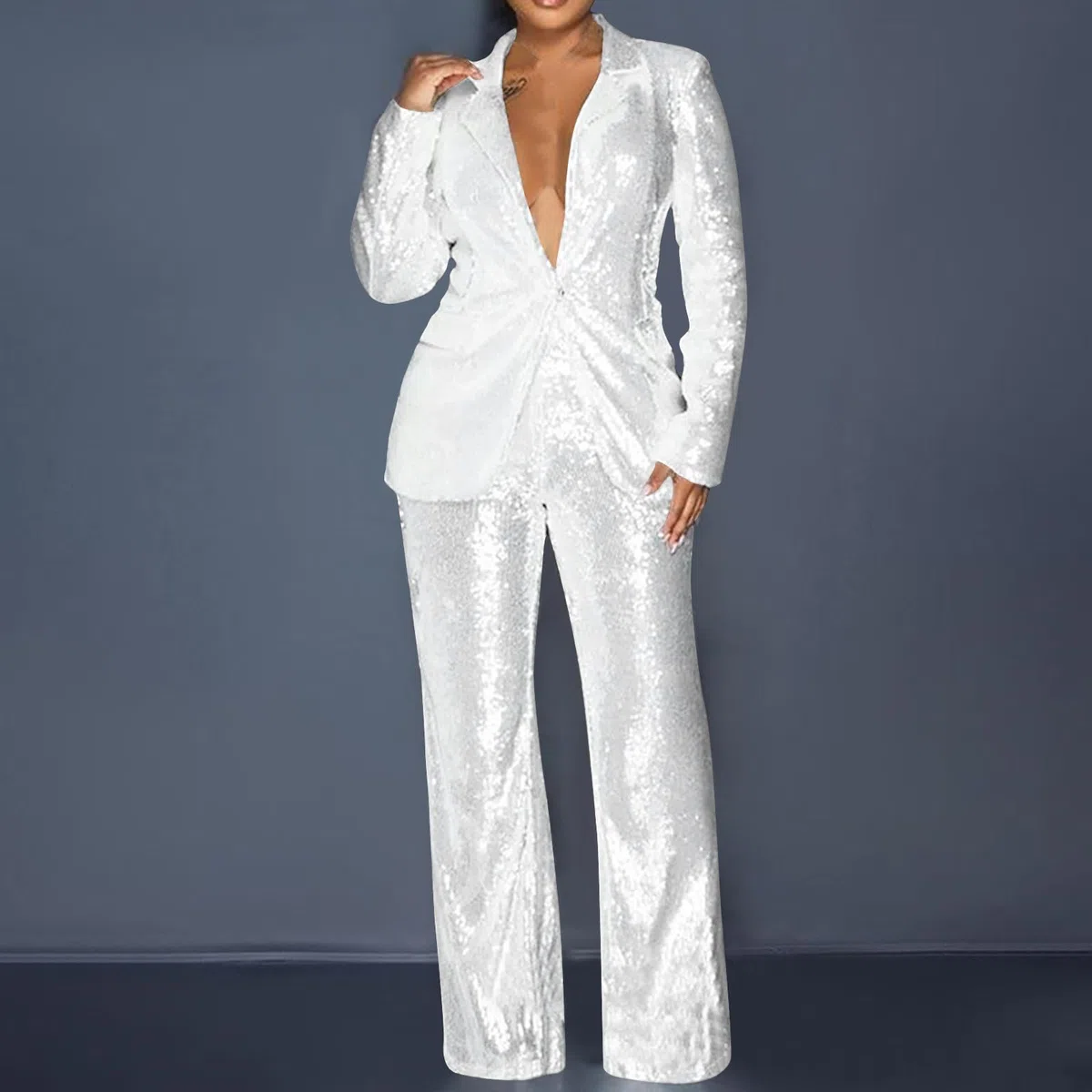 KHIRVWL Offerte Lampo del Giorno Tailleur Donna Elegante Cappotto Ufficio Business Blazer Top Corto Giacca da Abito Completo da Donna con Pantaloni a Maniche Lunghe in Tinta Unita con Paillettes