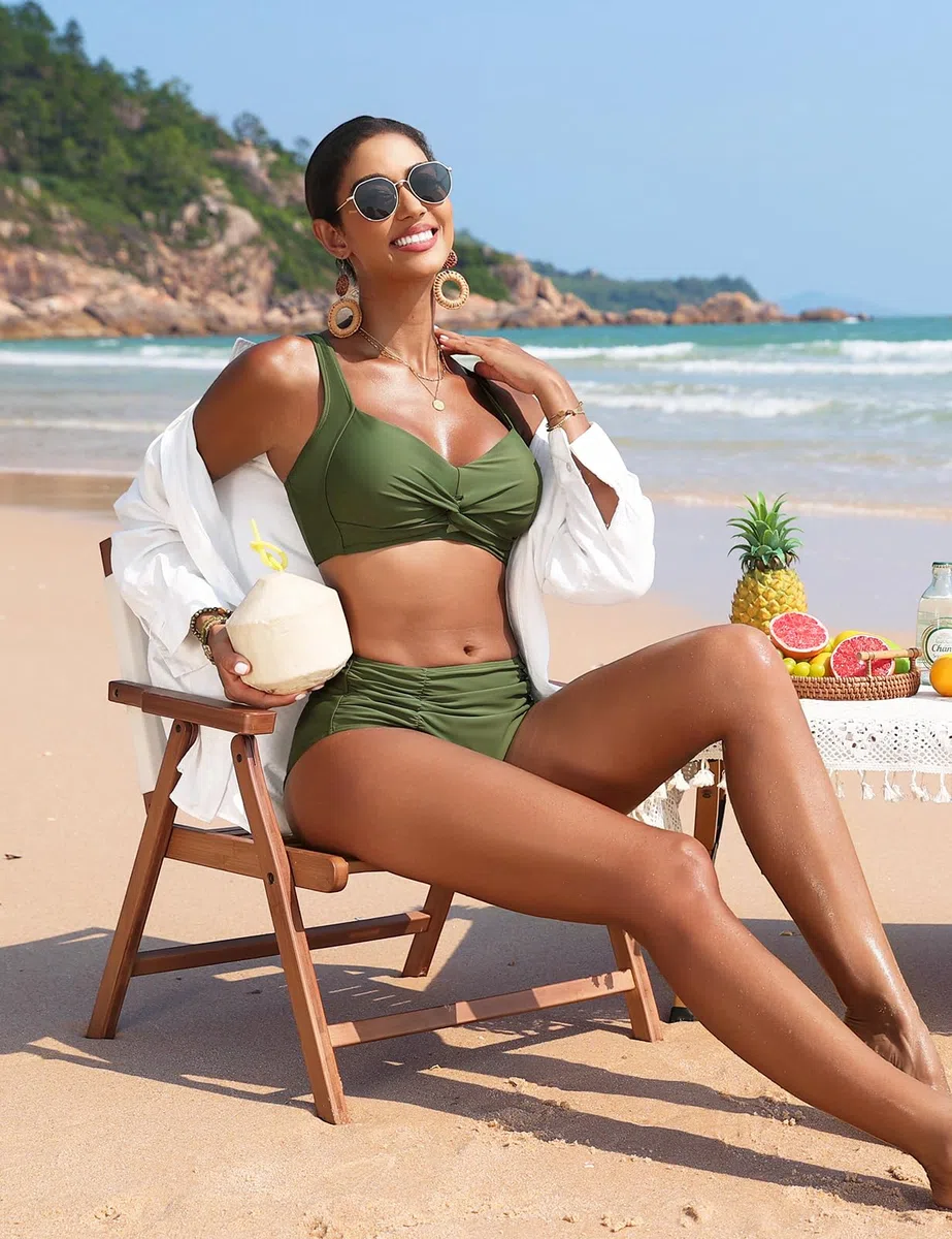 Costume Donna Due Pezzi Vita Alta Curvy Tonificare l'addome Bikini Push Up Sexy Scollo a V Costumi da Bagno Piscina sulla Spiaggia