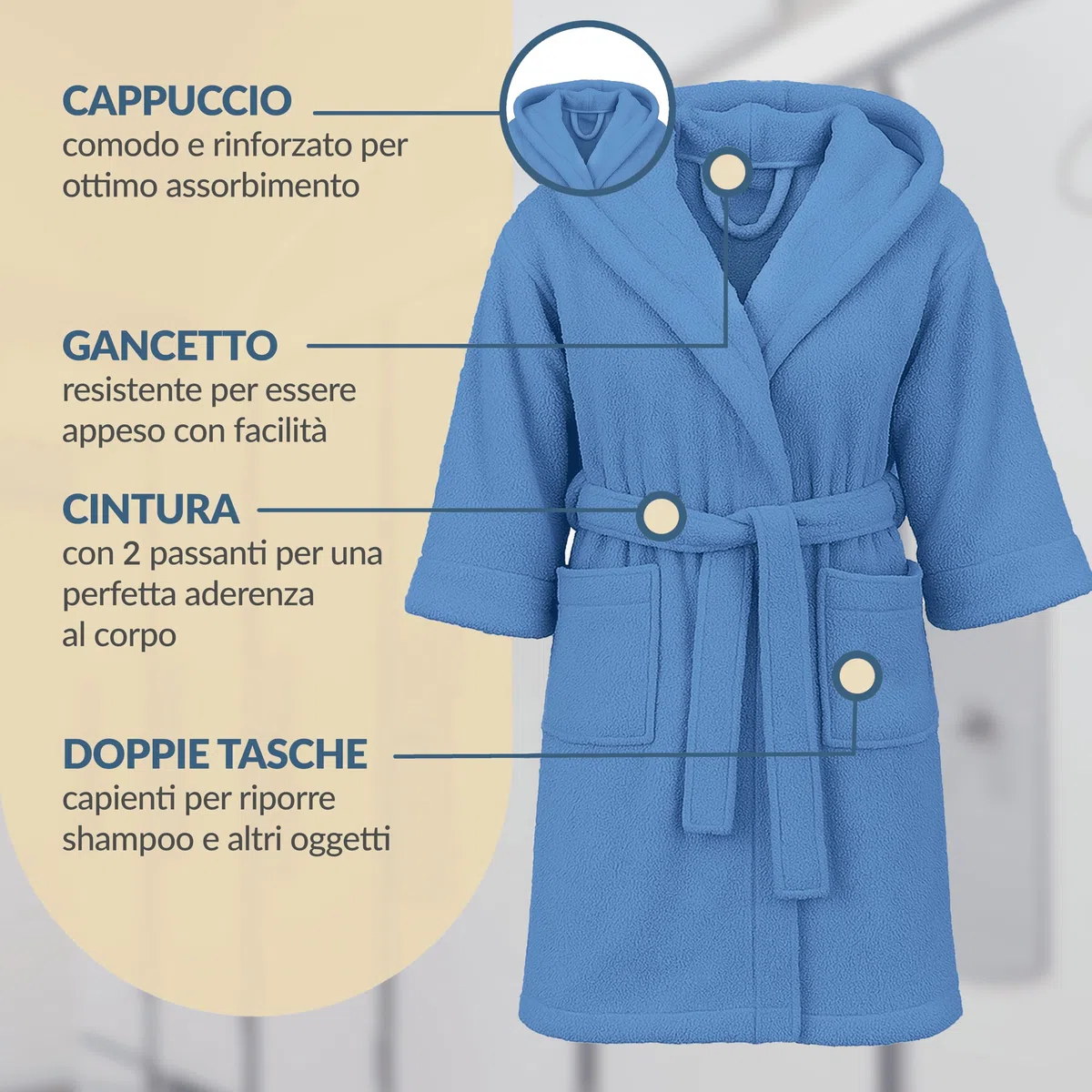 Dorian Home - Accappatoio Bambino e Bambina in Spugna con Cappuccio, Tasche, Cintura a Passanti e Gancio, 100% Cotone Traspirante Ipoallergenico - Morbido Durevole Assorbente per Piscina, Mare, Bagno