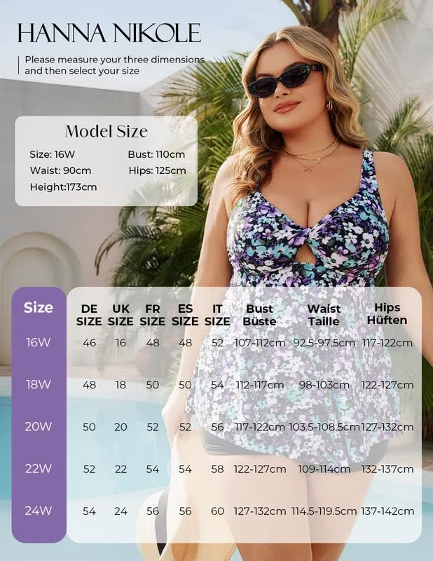 Hanna Nikole Tankini - Costume da bagno da donna, taglie grandi, 2 pezzi, con pantaloncini da bagno push up, costume da bagno regolabile, costume da bagno crossover