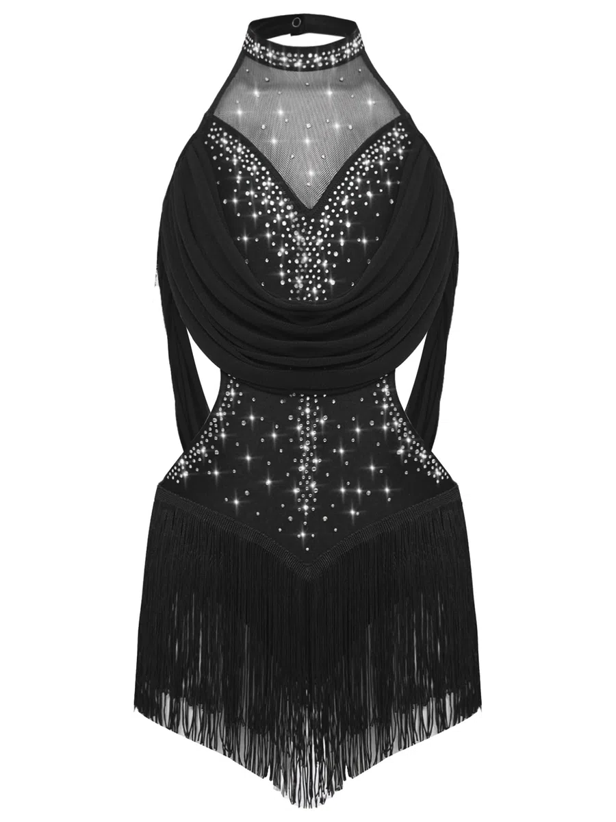 Mufeng Abito Ballo Latino Americano Bambina con Nappa Paillettes Body Danza Classica + Guanti Vestito da Pattinaggio Artistico Costume di Danza Competizione