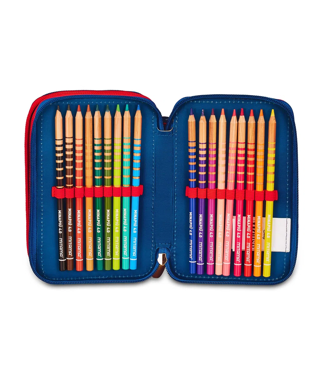 Seven Minnie Astuccio Scuola 3 Zip, Blu Denim, Portapenne Triplo Scomparto Completo Di Penne, Matite, Colori, Scuole Elementari, Bambina