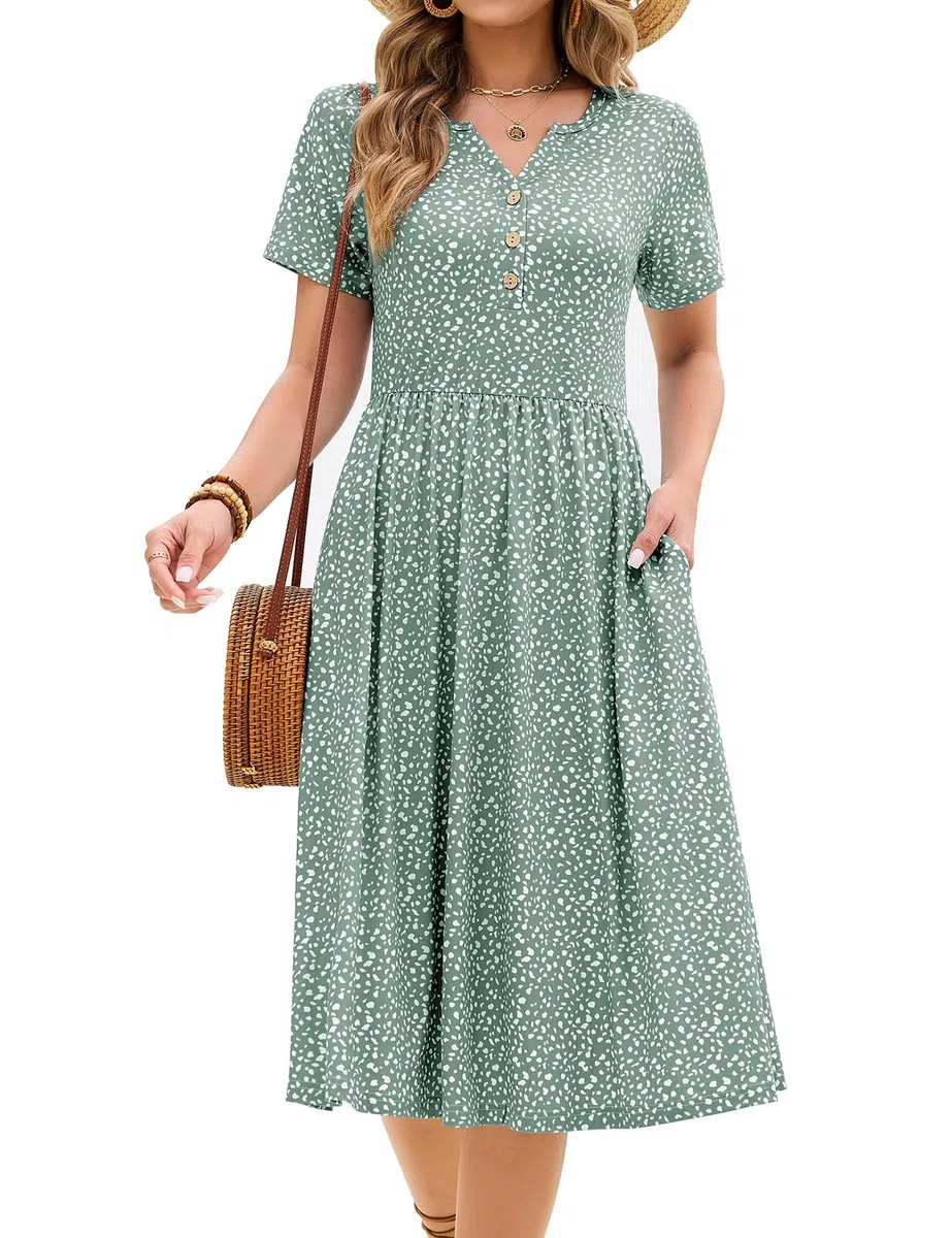 HEEKPEK Vestiti Estivi Donna Elegante Midi Lunghi Vestito Maniche Corte Scollo a V Bottoni Abiti Casual Ginocchiocon Floreale Abito da Spiaggia Mare Boho con Tasche