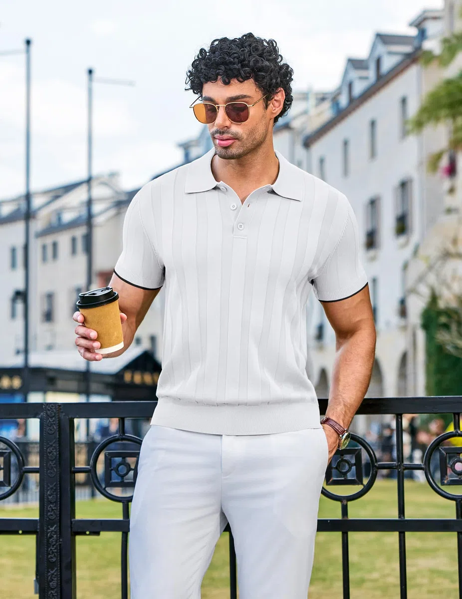 COOFANDY Polo Uomo Manica Corta Maglietta Polo Lavorata a Maglia Polos Golf T-Shirt Casual Elastico