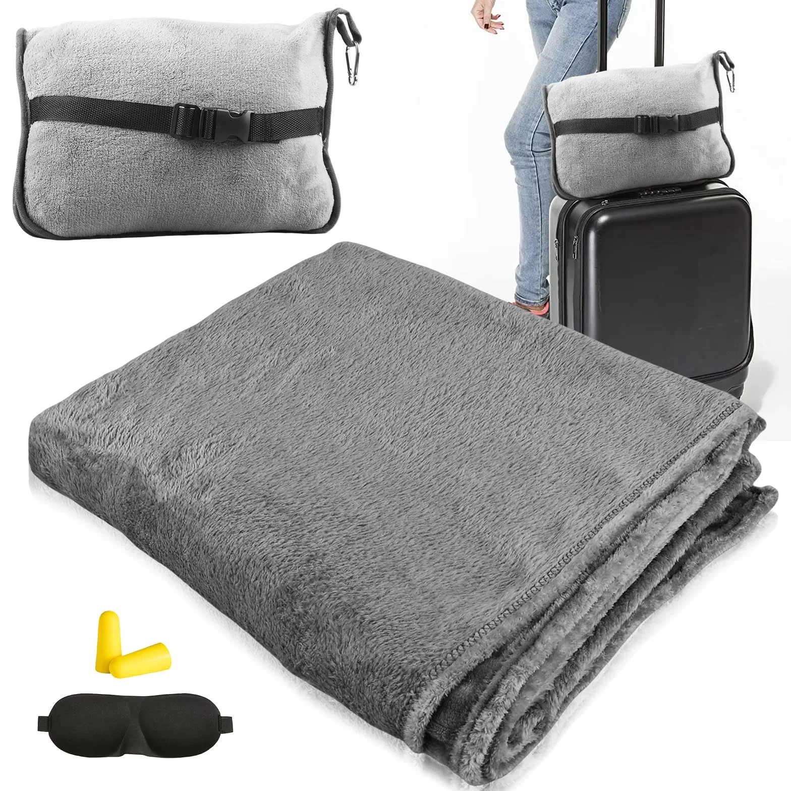 HOSPAOP Coperta da Viaggio per Aereo, Coperta da Viaggio 2 in 1, Coperta da Viaggio Portatile per Aereo (127 * 152CM) con Mascherina per Dormire e Tappi per le Orecchie, Cuscino da Viaggio per Viaggi