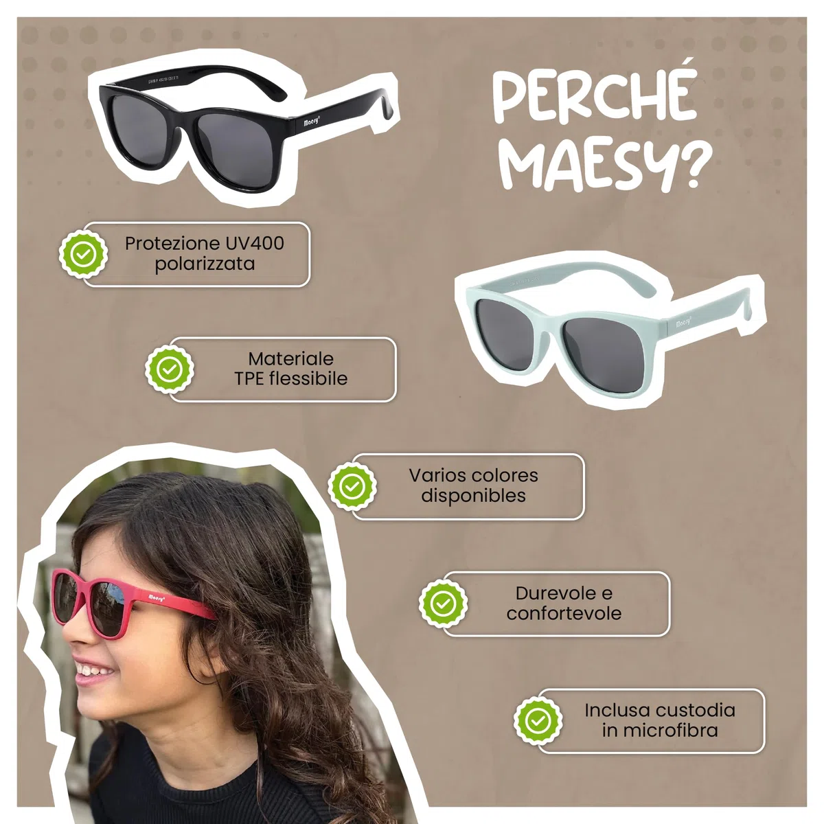 Occhiali da sole per bambini 6-12 anni - Protezione polarizzata UV400 - Montatura flessibile e flessibile - Occhiali da sole sicuri e comodi per bambini - Yuki