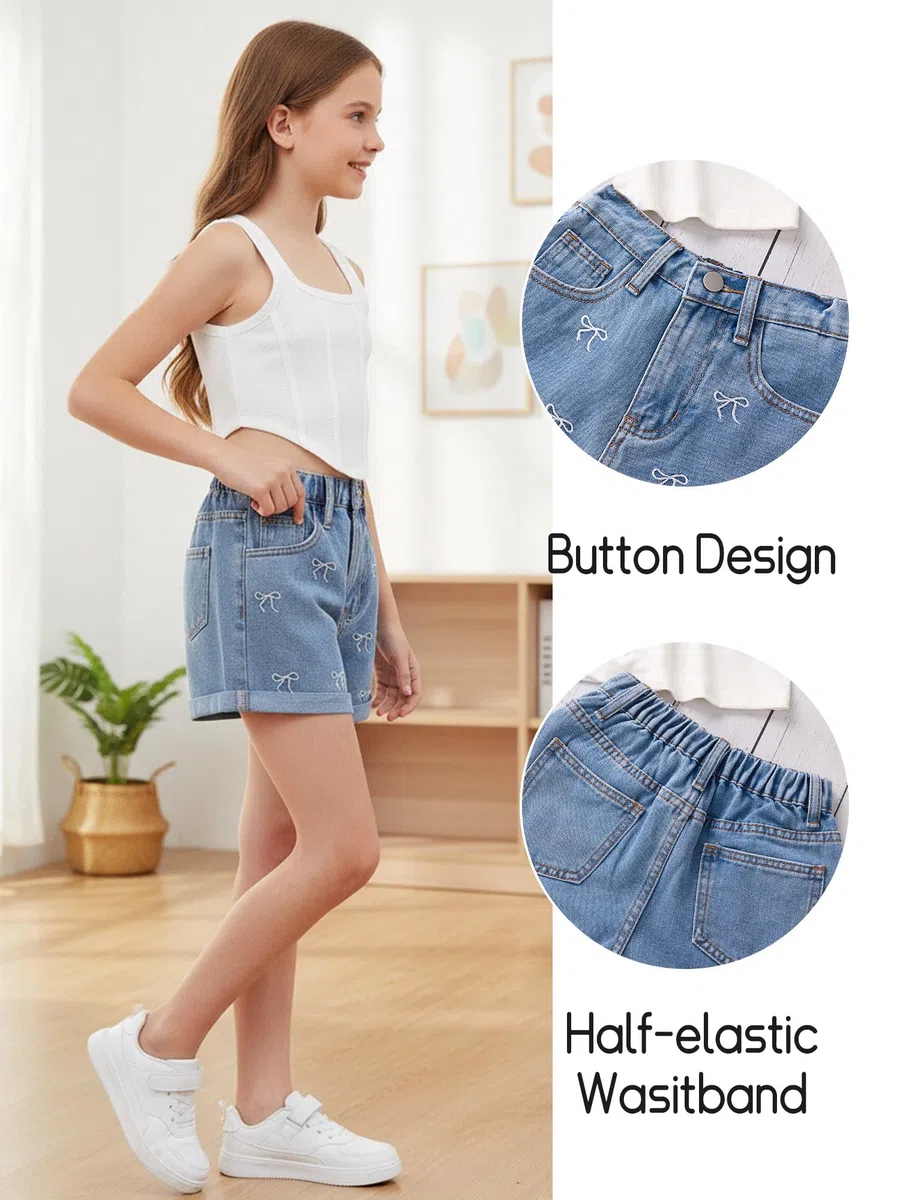SEAUR Ragazza Shorts da Jeans Casual Moda Baggy Shorts Denim Bambina Pantaloni Denim Corti con Vita Elastica 8-12 Anni