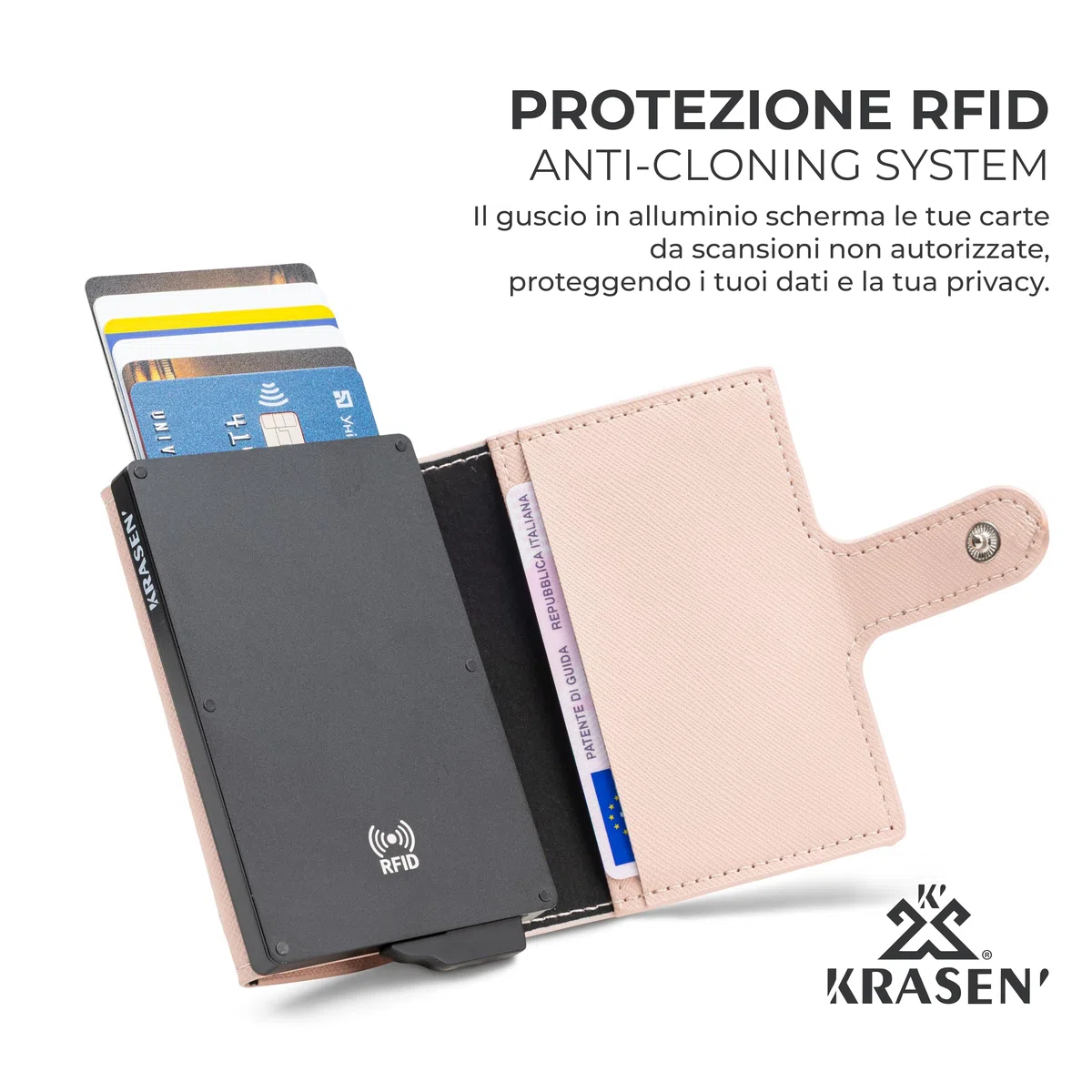 KRASEN' - Portafoglio e Porta Carte Saffiano Rosa con Sistema Anti-Clonazione, Scatoletta in Alluminio Assemblata a Mano, Bottone e Cerniera Porta Monete
