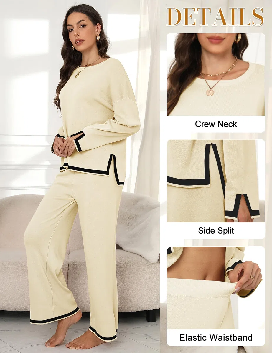 Yuson Girl Tuta Donna Elegante Completo 2 Pezzi Complete Tailleur in Maglia Maniche Lunghe Pullover Top Elastico in Vita Pantaloni a Gamba Larga Set Casa Autunnale Invernale Primavera