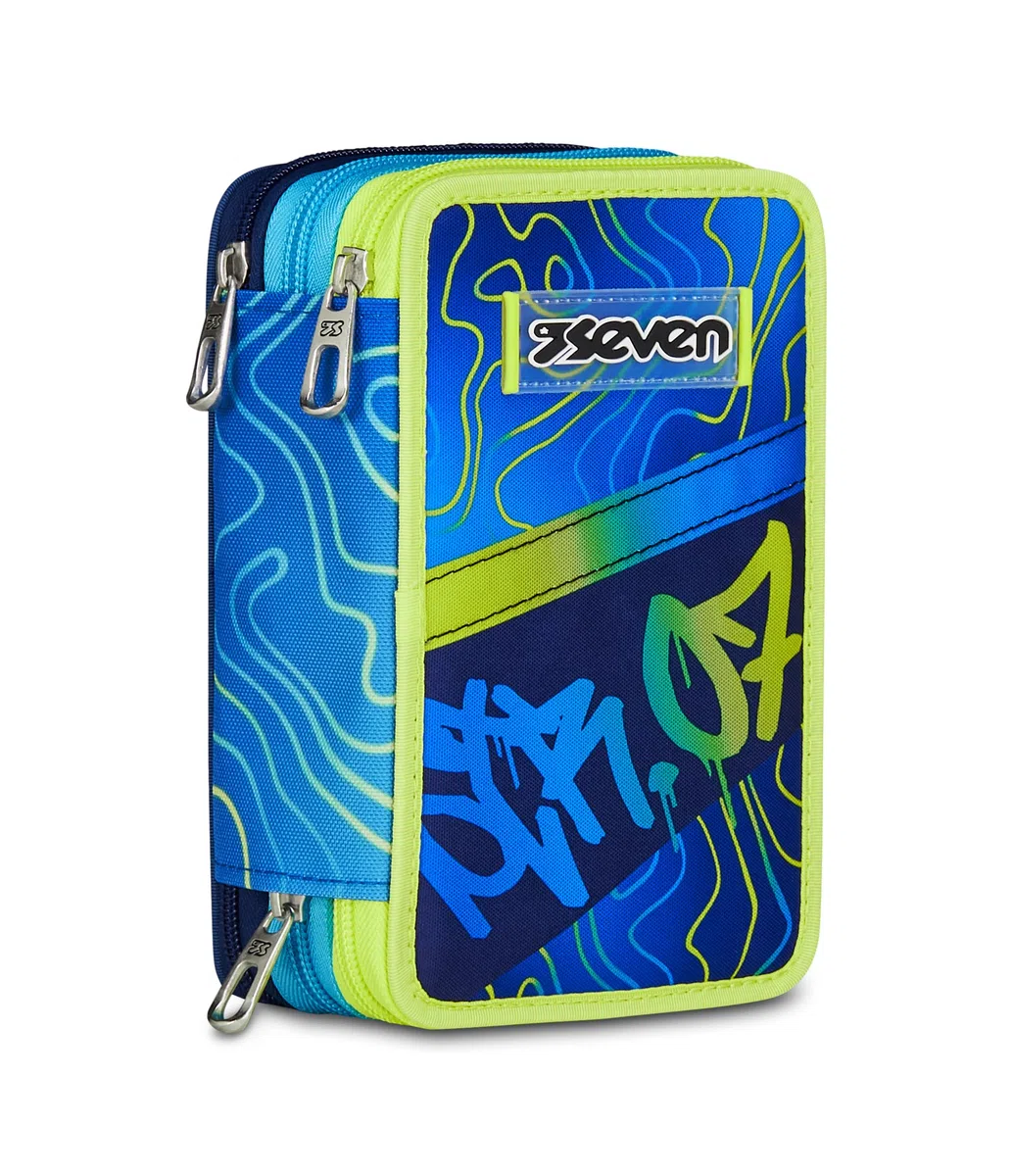 Seven Astuccio Scuola Elementare, 3 scomparti, Medie, con Matite, Pennarelli, Penne, 3 Zip, Nuanced Blue, Bambino, Ragazzo, giallo/blu