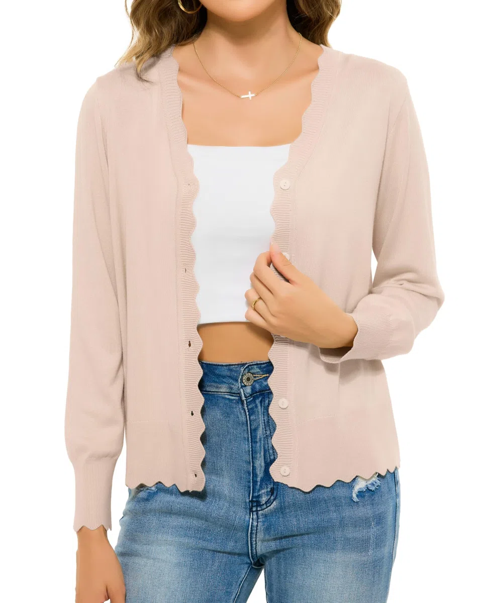 Lovasy Cardigan con Bottoni Donna Corto Giacca in Maglia Elegante Curvy a Maniche Lunghe Golfino con Scollo a V Aperto Davanti Cardigan Leggero ed Traspirante