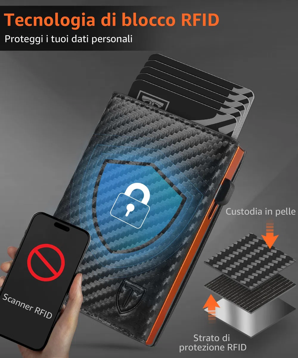 TEEHON Portafoglio Uomo Slim RFID Blocking, Magnetica Fibra di Carbonio Porta Carte di Credito Uomo - ID Window, Tasca Portamonete con Cerniera, Scomparto per Banconota (Classico, Nero Arancione)