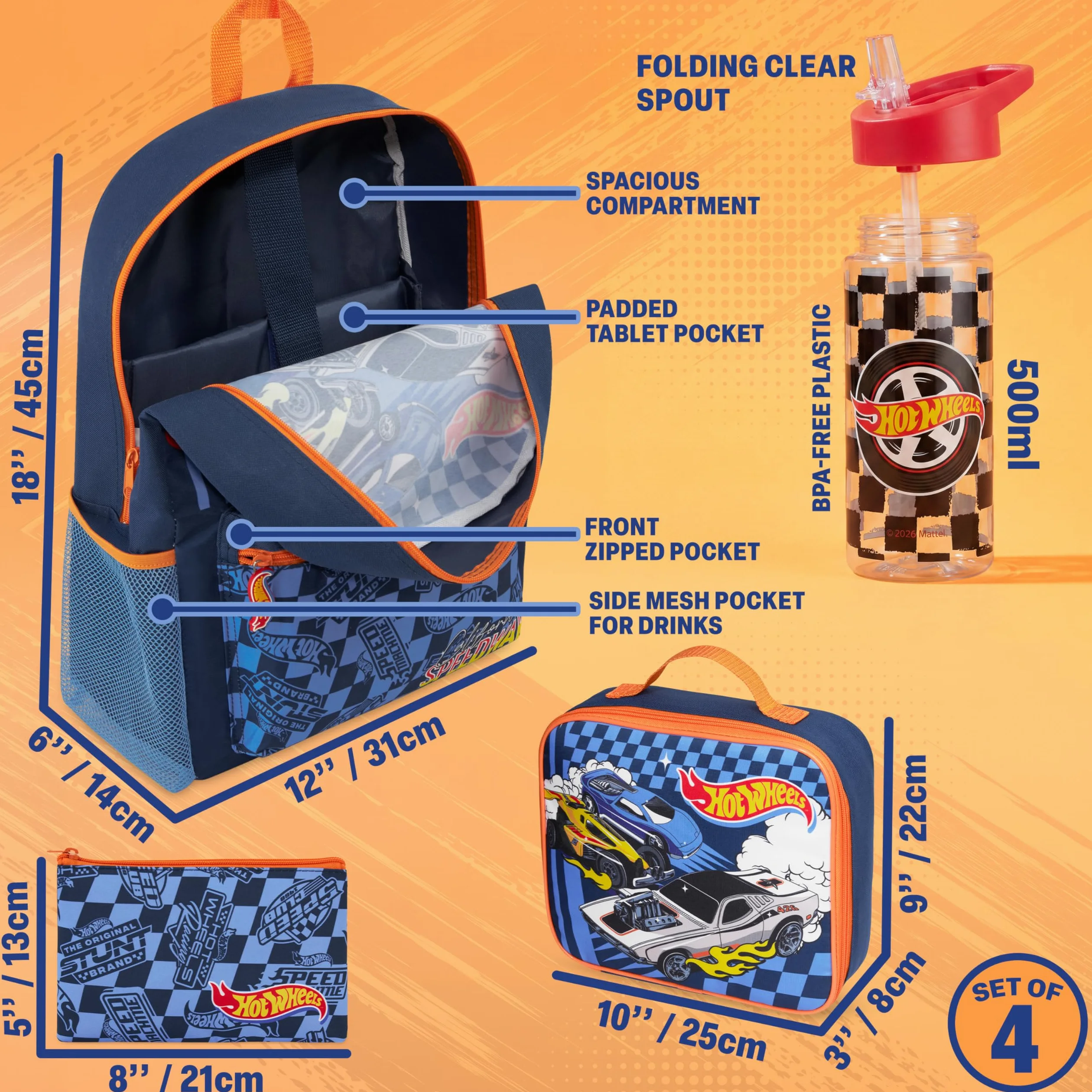 Get Trend Hot Wheels 4 Pezzi Zaino Ragazzo Set per Scuola con Borsa Termica Porta Pranzo, Borraccia 500 ml Senza BPA e Astuccio (Multi Hot Wheels)