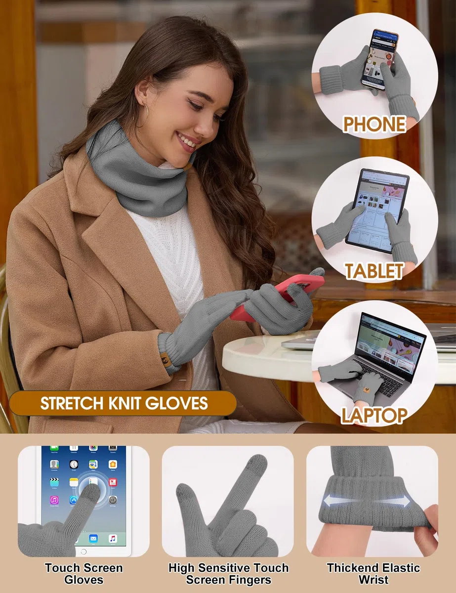 Donna Inverno Cappello Sciarpa e Touchscreen Guanti Set Caldo Scaldacollo Foderato Pile Berretto Sciarpa a Maglia Scaldaorecchie in Peluche Calze 5 Pezzi per Invernali Sport Sci all'aperto