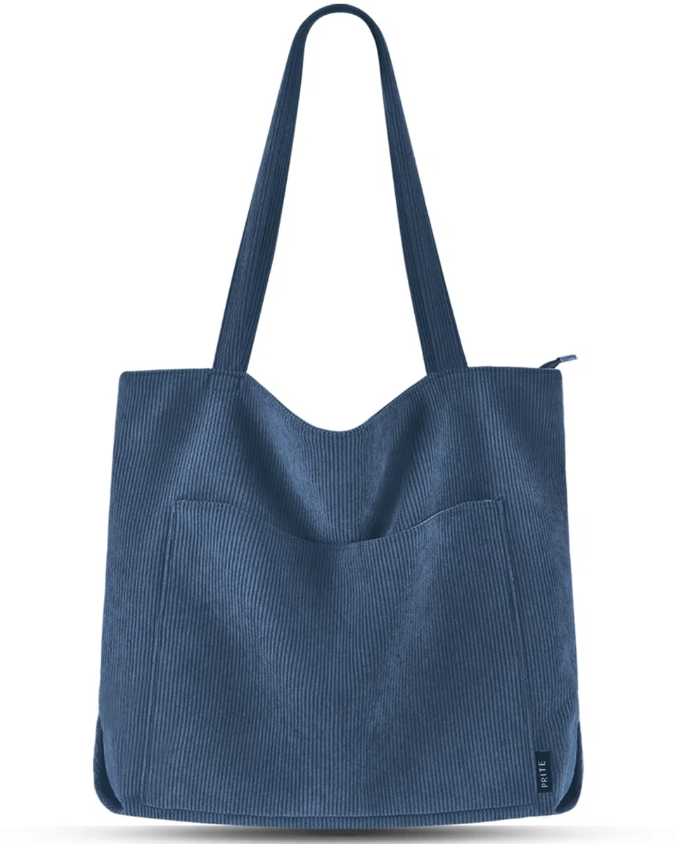 Prite Borsa tote in velluto a coste da donna con cerniera, grande capacità, borsa a tracolla con tracolla regolabile e tasche, borsa impermeabile per lavoro, scuola, shopping, viaggi, università