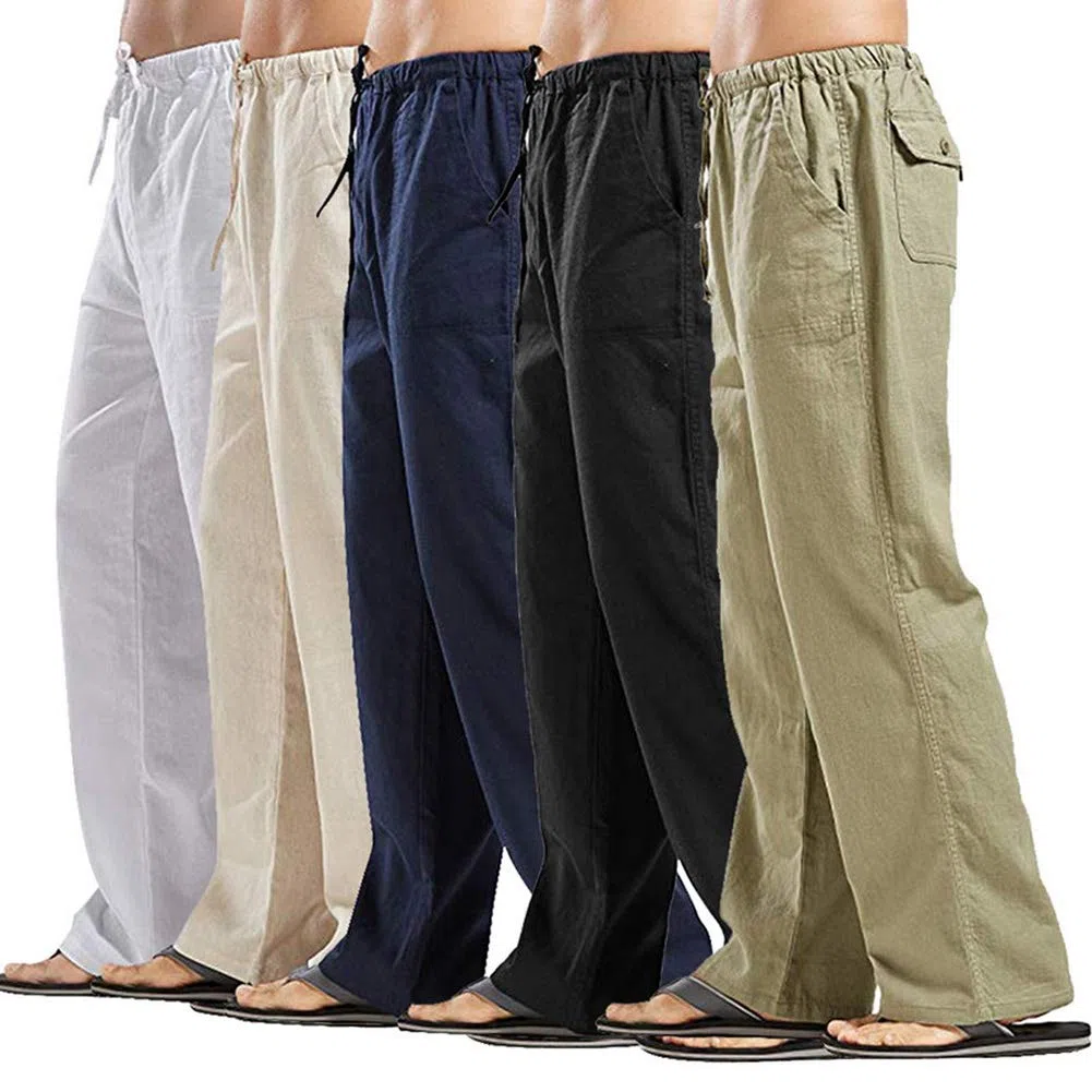 Vanvene - Pantaloni da uomo in lino, vestibilità ampia, casual, leggeri, con coulisse, da spiaggia e da yoga