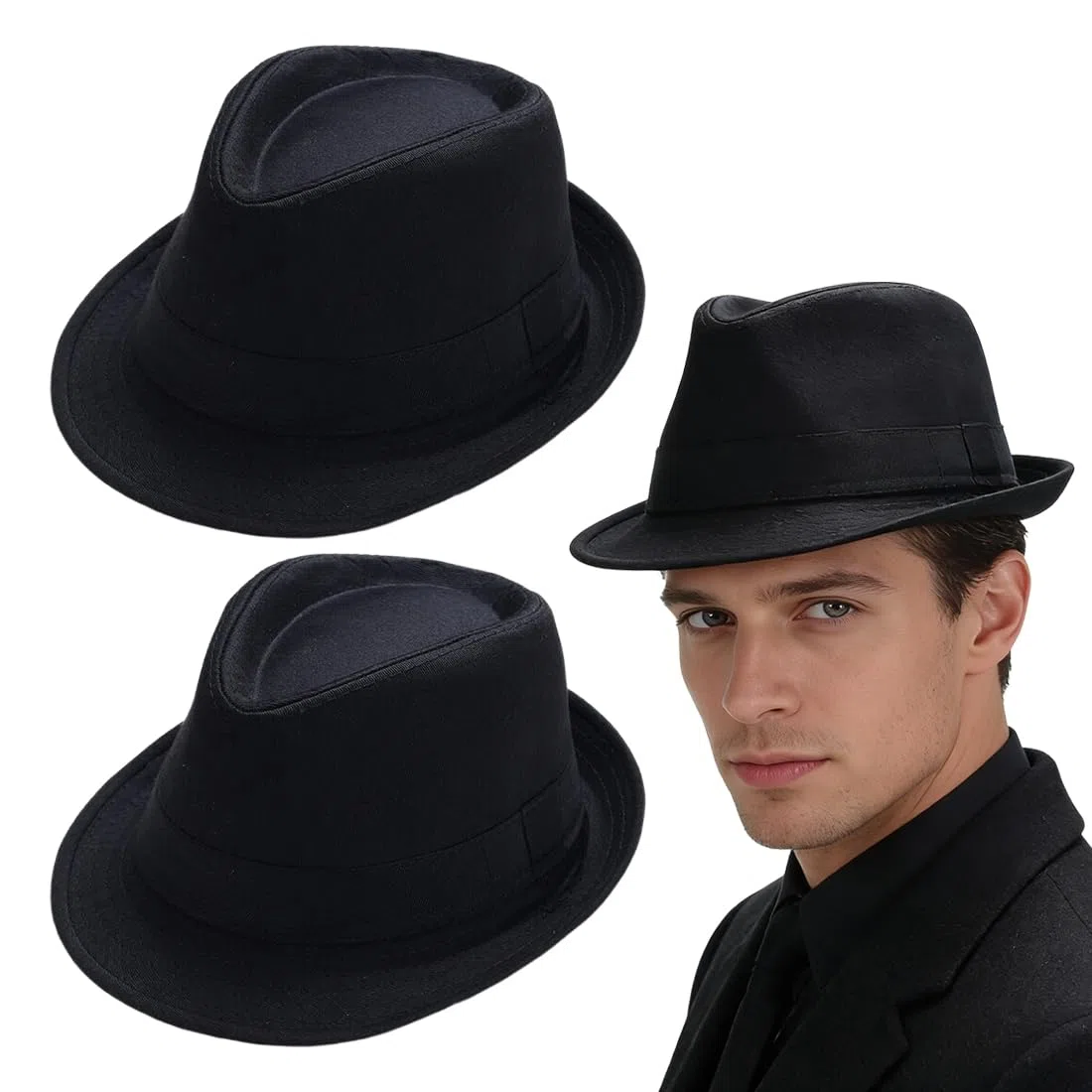 2 Pezzi Eleganti cappelli Fedora Trilby, unisex, classico cappello a bombetta Panama, classico da gentleman, berretto jazz, cappello da gangster, a tesa corta, per adulti, per viaggi, spiaggia