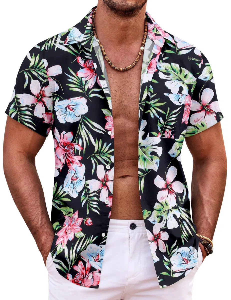 COOFANDY Camicia Hawaiana Camicia Estiva a Maniche Corte da Uomo Camicia Leggera abbottonata Camicia Casual da Lavoro