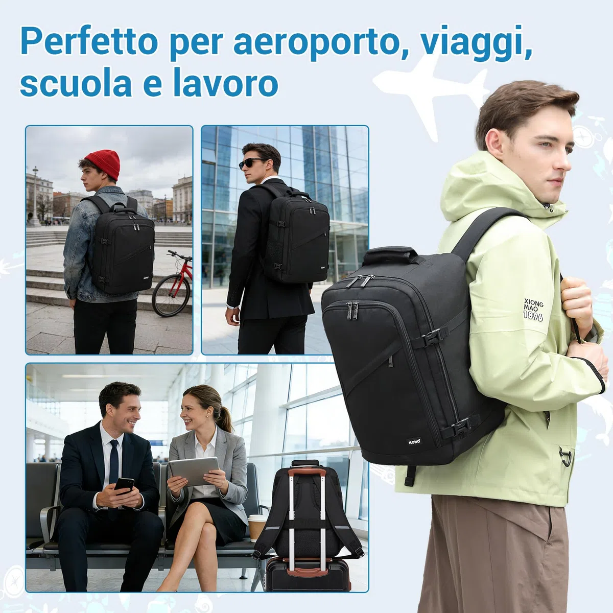 KONO Zaino Ryanair 40x30x20, Zaino da Viaggio e Bagaglio a Mano per Aereo, Zaino Porta PC con Apertura a 180° per Wizz Air e EasyJet (40 x 30 x 20 cm, Nero)