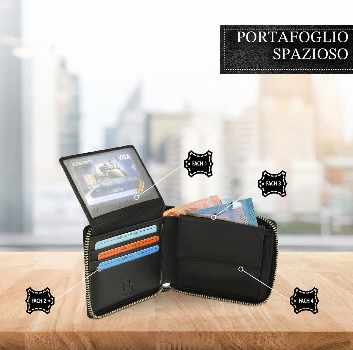 Fa.Volmer ® Portafoglio in pelle nera in vera pelle di vacchetta con robusta cerniera esterna Protezione RFID - Certificato TÜV - # BlZip07