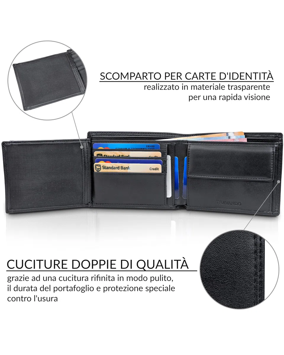 TRAVANDO Portafoglio Uomo Grande OSLO con protezione RFID Porta Carte di Credito nero con Portamonete Borsellino Portafogli in formato Verticale Porta Banconote Wallet Porta monete Regalo