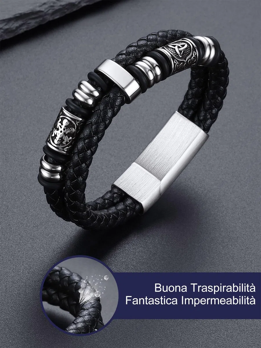 Bandmax Bracciale Uomo Pelle Cuoio Intrecciata con Chiusura Magnetica in Acciaio Inossidabile, Argento/Oro/Nero Braccialetto Uomo Personalizzato con Bussola Vichingo, Idee Regalo Uomo Papà Ragazzo
