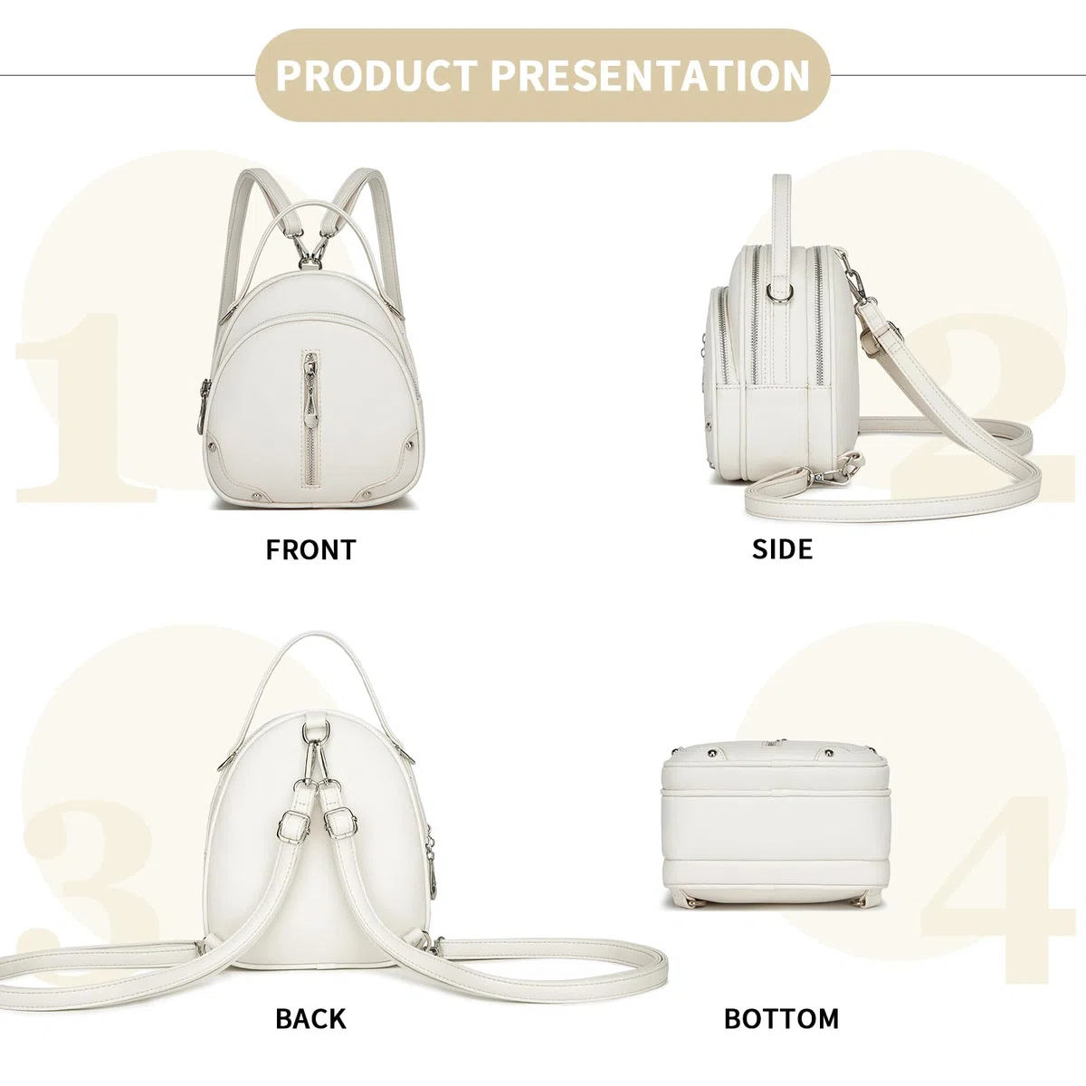 Miss Lulu Zaino Donna in Pelle PU Impermeabile, Zaino da Viaggio Piccolo e Leggero con Cinturino Rimovibile, 4 Tasche con Zip
