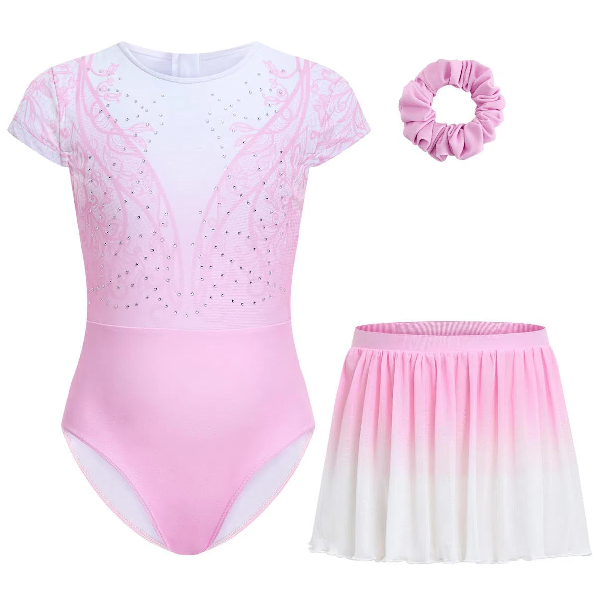 Gogokids Set da ginnastica da bambina con gonna, a maniche corte, con gemme scintillanti e stampa, 3 pezzi, per danza, yoga, performance, include elastico per capelli, età 3-12 anni