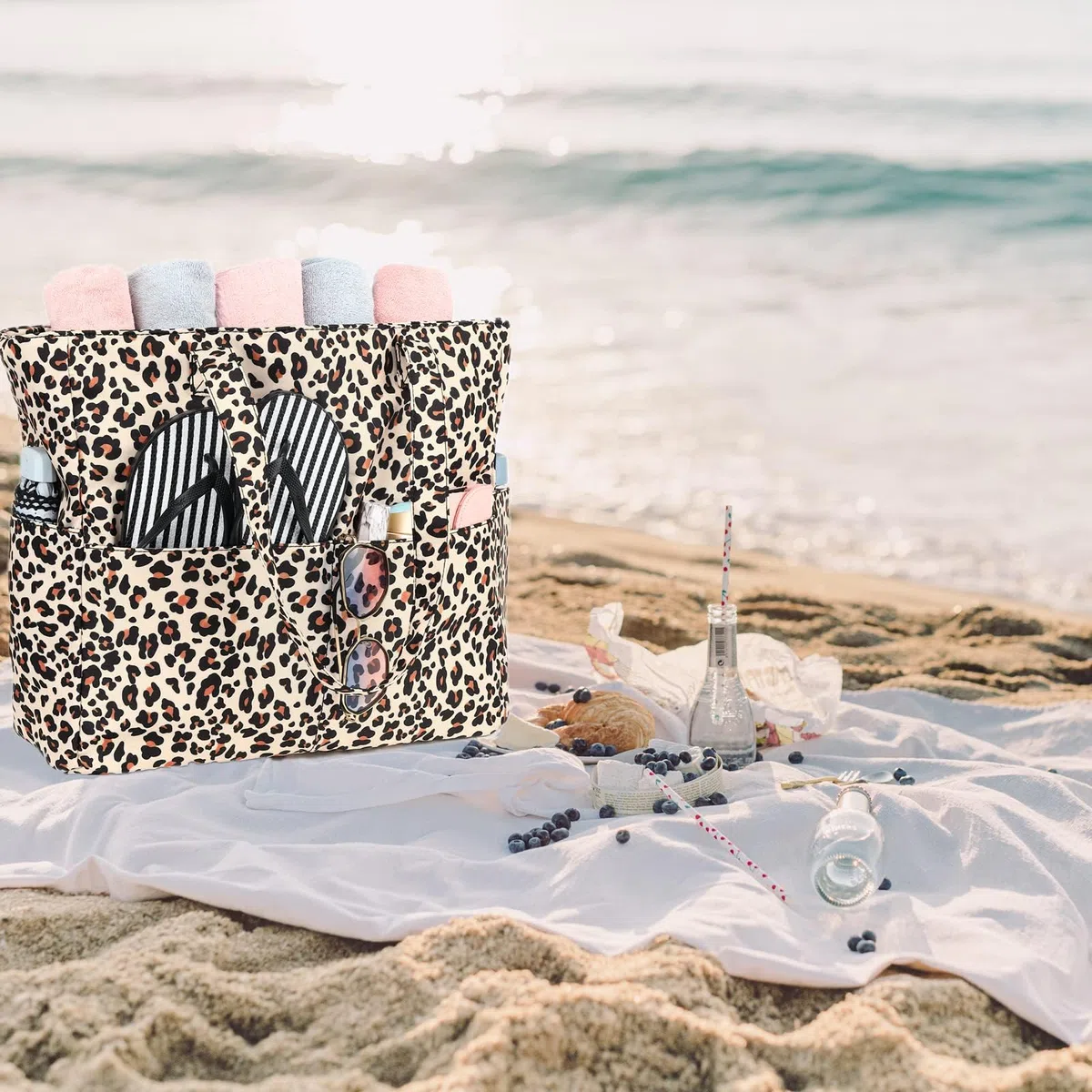 Grande borsa da spiaggia XXL con chiusura lampo, leopardo borsa da bagno, grande borsa da spiaggia, impermeabile, per famiglia, extra grande, motivo leopardato