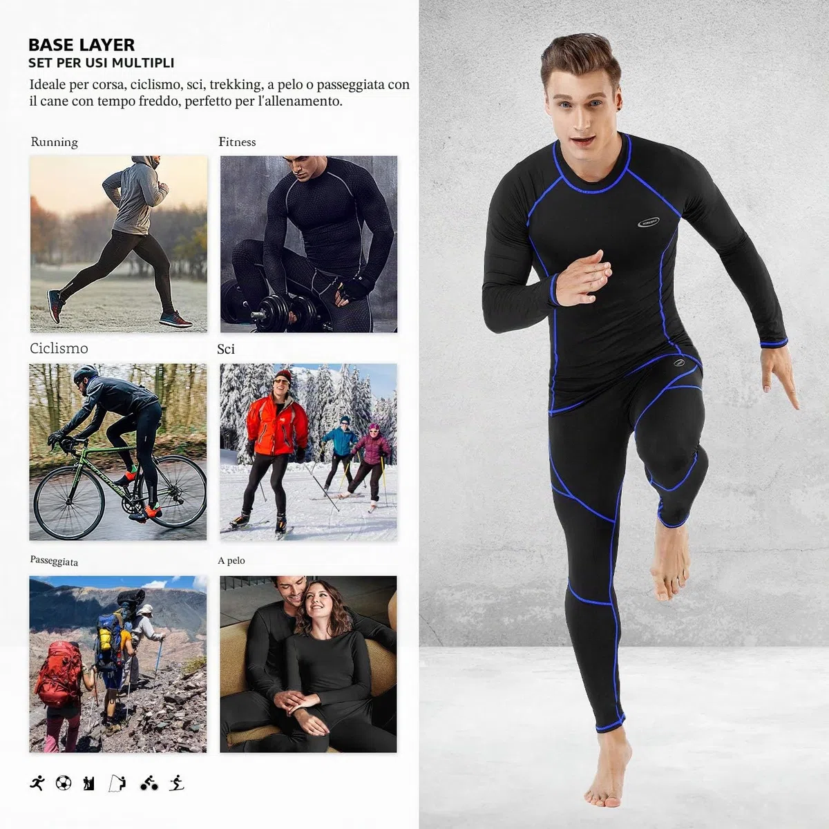 MOBIUSPHY Biancheria Intima Termica Uomo Biancheria Funzionale Uomo con Funzione Quick Dry Sportiva Set di Biancheria Intima Base Layer Traspirante Riscaldante per attività