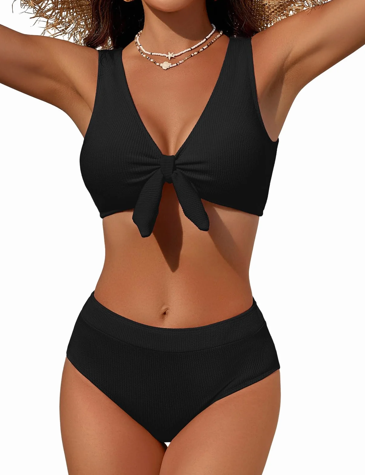 Svanco Costume Donna Due Pezzi Curvy Contenitivo con Nodo al Seno, Bikini Donna Mare in Tessuto Texturizzato, Costumi da Bagno Donna Vita Alta