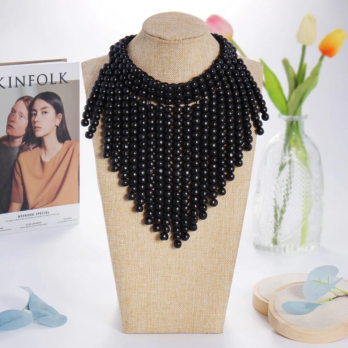 Collana girocollo in stile bohémien africano con perline in legno o acrilico, collana girocollo in legno, da donna, bigiotteria alla moda, 38 cm, Legno, Nessuna pietra preziosa