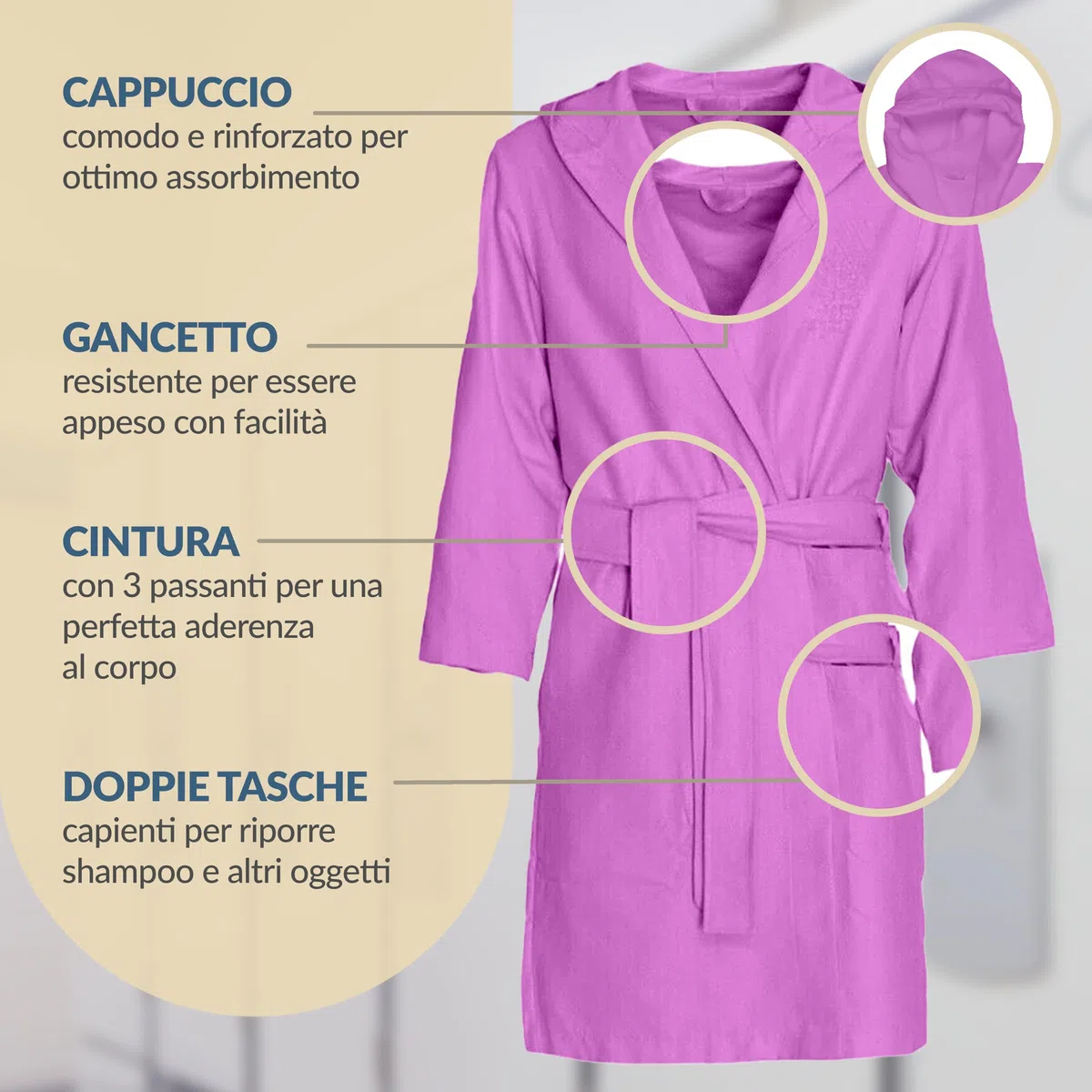 Dorian Home - Accappatoio Bambino Bambina in Microfibra Anallergico, Morbido, Leggero Salvaspazio Assorbente, Rapida Asciugatura con Cappuccio, Tasche, Cintura a Passanti e Gancio, Lavabile (no Stiro)
