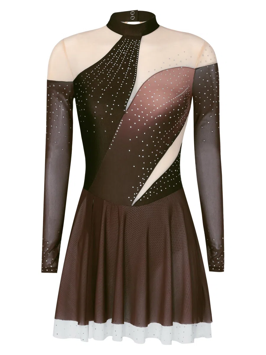 Oyolan Vestito da donna Pattinaggio Artistico Danza Body Manica Lunga Strass Vestito Danza sul Ghiaccio Body Ginnastica Colore Gradiente