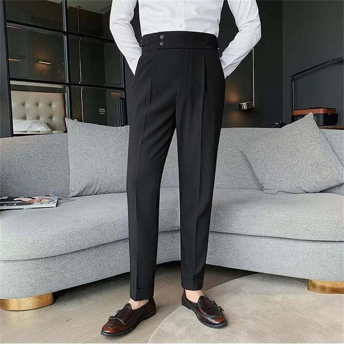 2026 Costume da uomo Slim Fit Small Foot Vita Alta Tinta unita Pantaloni da lavoro con gamba dritta