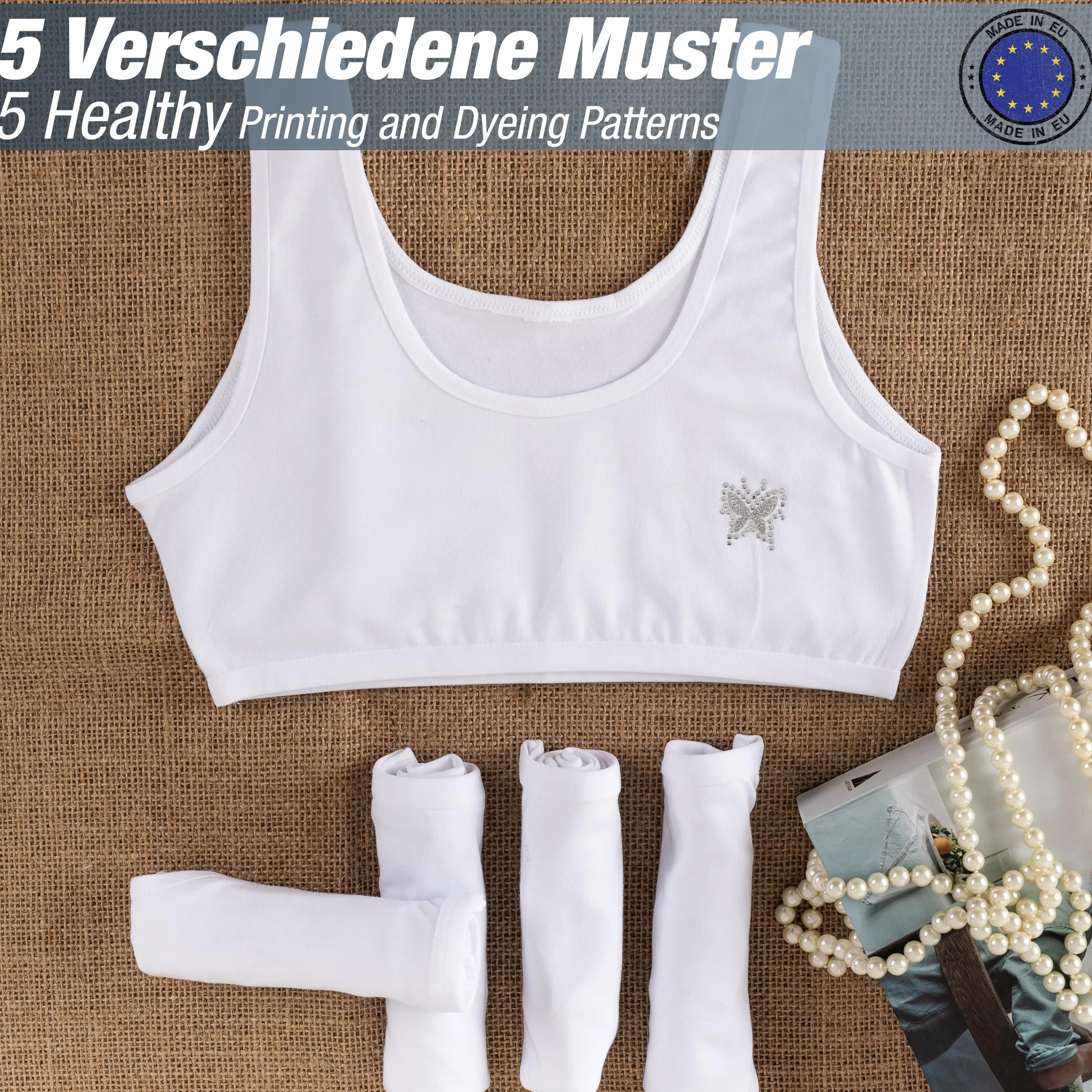 LOREZA ® 5 Reggiseno per Bambina da Allenamento Pietre di Strass Sportivi in Cotone Reggiseni - 10-15 Anni