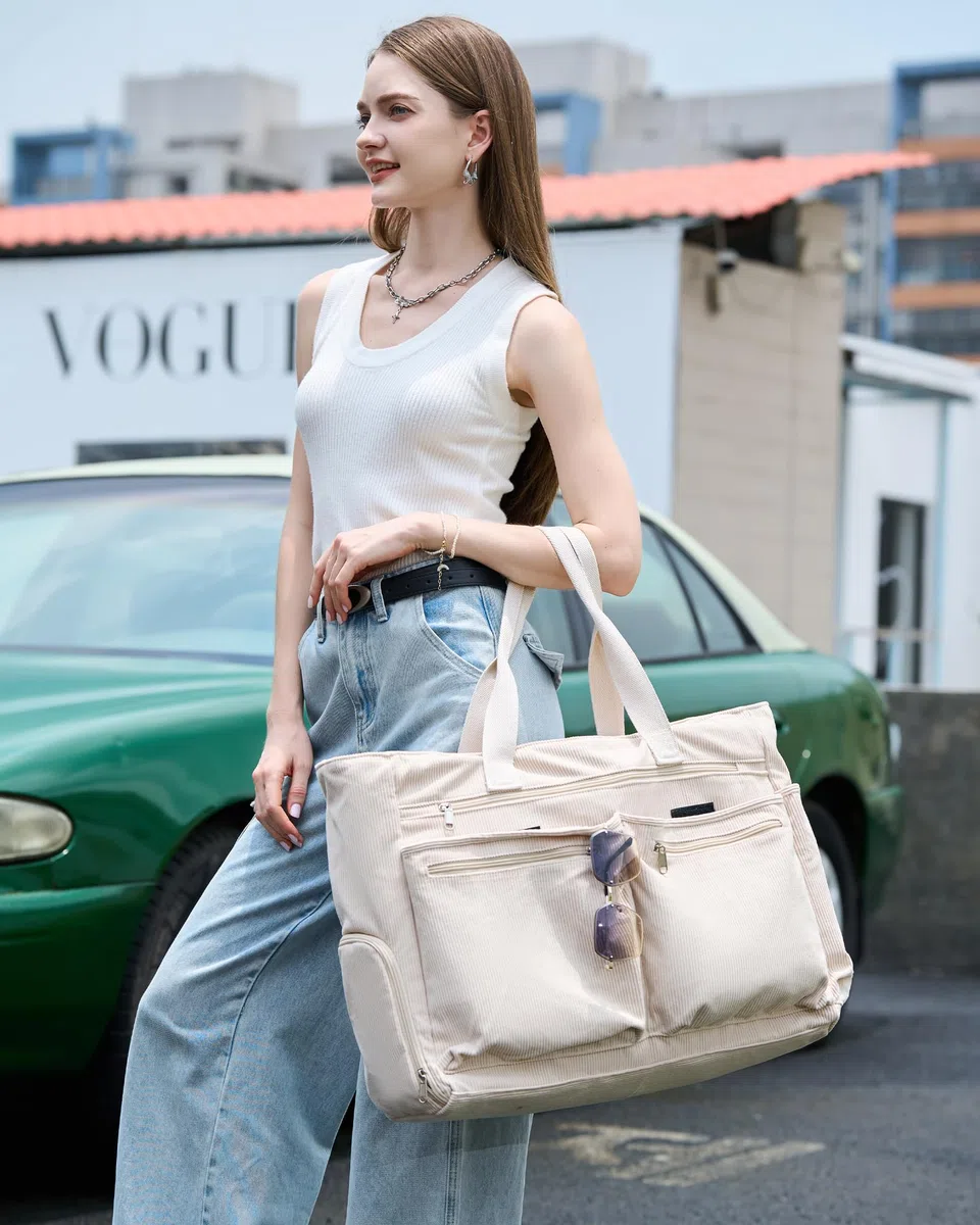Makukke Borsa Da Spiaggia XXL, Beach Bag Grande con Scomparto, Weekender da Donna Pieghevole e Ultraleggera con Cerniera per Viaggi Vacanze Palestra (Grigio-Velluto a Coste)