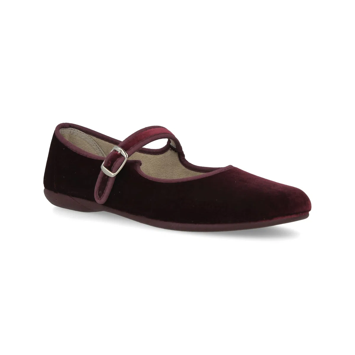 Mary Jane in Velluto da Donna. Ballerine Basse, Casual, Maryjane, Sandali Comodi. Prodotto in Spagna. Chiusura con Fibbia. Colore Nero e Bordeaux