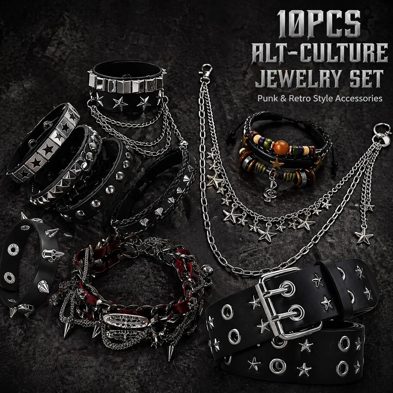 10 Pz Set di Accessori Unisex Y2K Include Cintura con Stampa Stella, Set di 7 Bracciali, Collana Goth Nera e Cintura in Metallo per la Vita - Pelle Nera - Stile Grunge Alt Emo