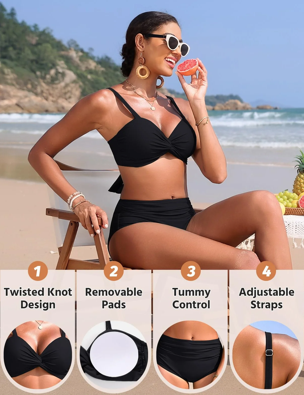 Costume Donna Due Pezzi Vita Alta Controllo Addominale Bikini Sexy Scollo a V Push Up Costumi Design alla Moda con Blocchi di Colore Piscina e Spiaggia