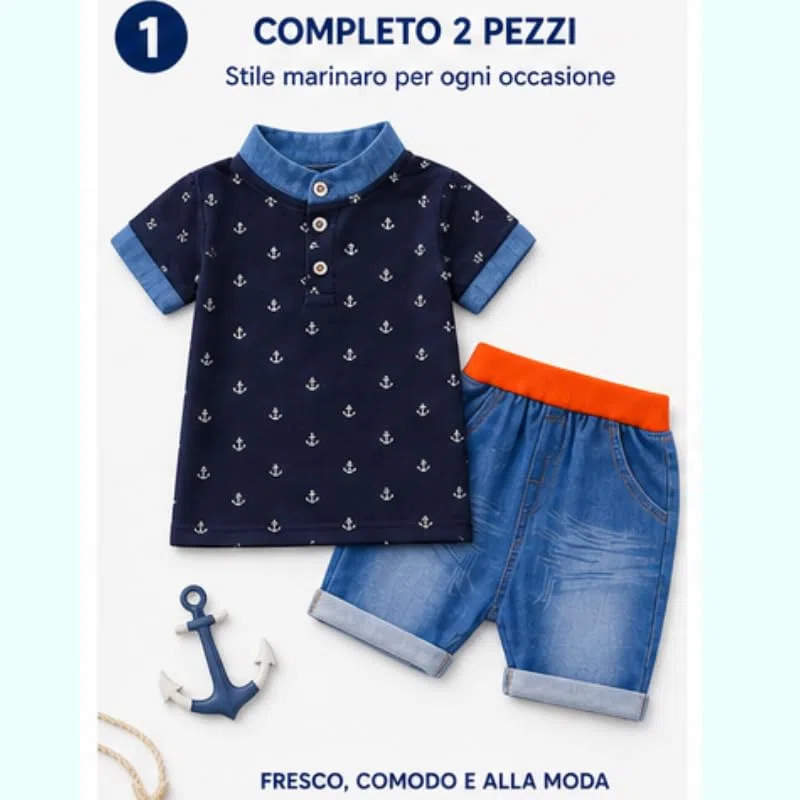 OrJana Completo Bambino 2 Pezzi, Polo con Ancore e Pantaloncini Jeans Leggeri Blu