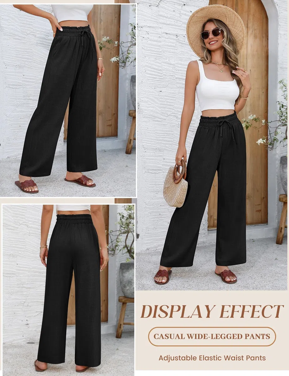 Pantaloni Donna Estivi in Cotone e Lino Eleganti Elastico Vita Alta Leggeri Comodi Larghi Casual con Tasche